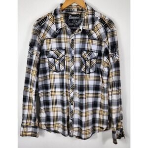 BUCKLE BLACK LABEL SLIM FIT WESTERN PLAID SHIRT MENS LARGE Yellow Black‎